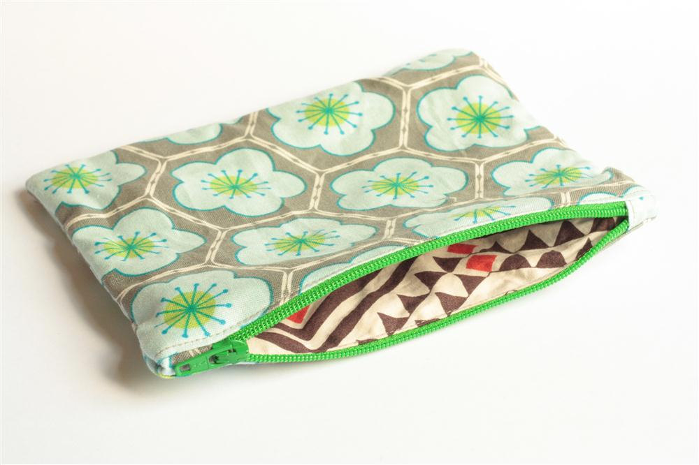 Zipper Pouch - Hexagons In Grey And Blue With Green Zipper
